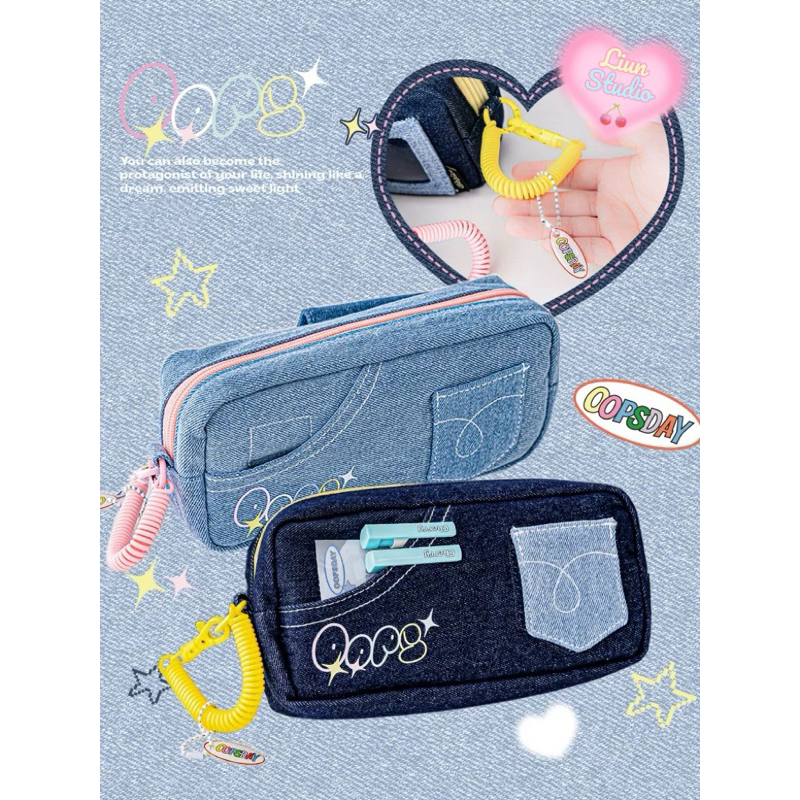 Bóp viết OOPSDAY denim nhiều ngăn phong cách Retro Mỹ có dây đeo