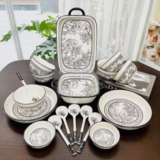 Bộ bát đĩa sứ decor, Chén dĩa dễ thương, Bát ăn cơm, Bộ chén dĩa hoạ tiết hoa Babylon cao cấp siêu đẹp, Sét 18 món