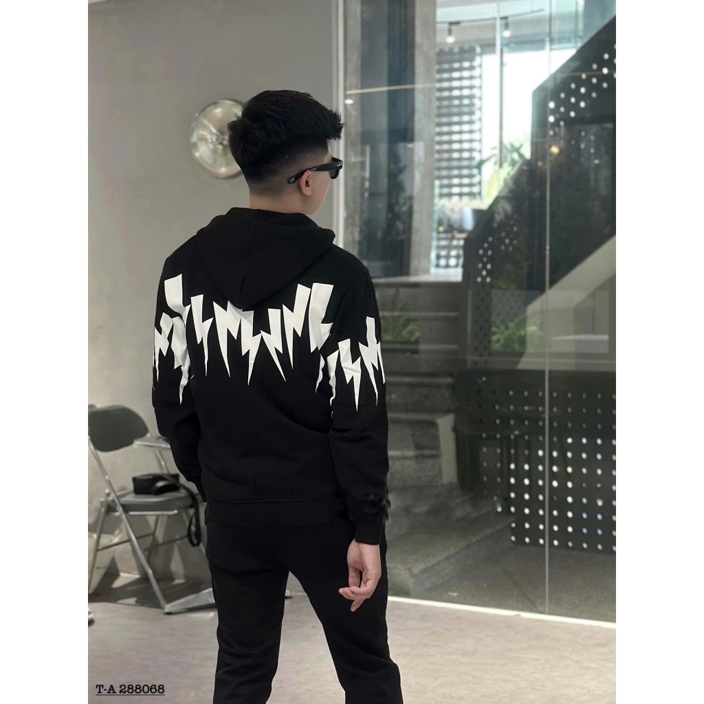 Bộ khoác hoodie zip Neil Barrett hoạ tiết tia sét trắng siêu đẹp-Bộ nỉ nam có mũ hình tia sét cực chất