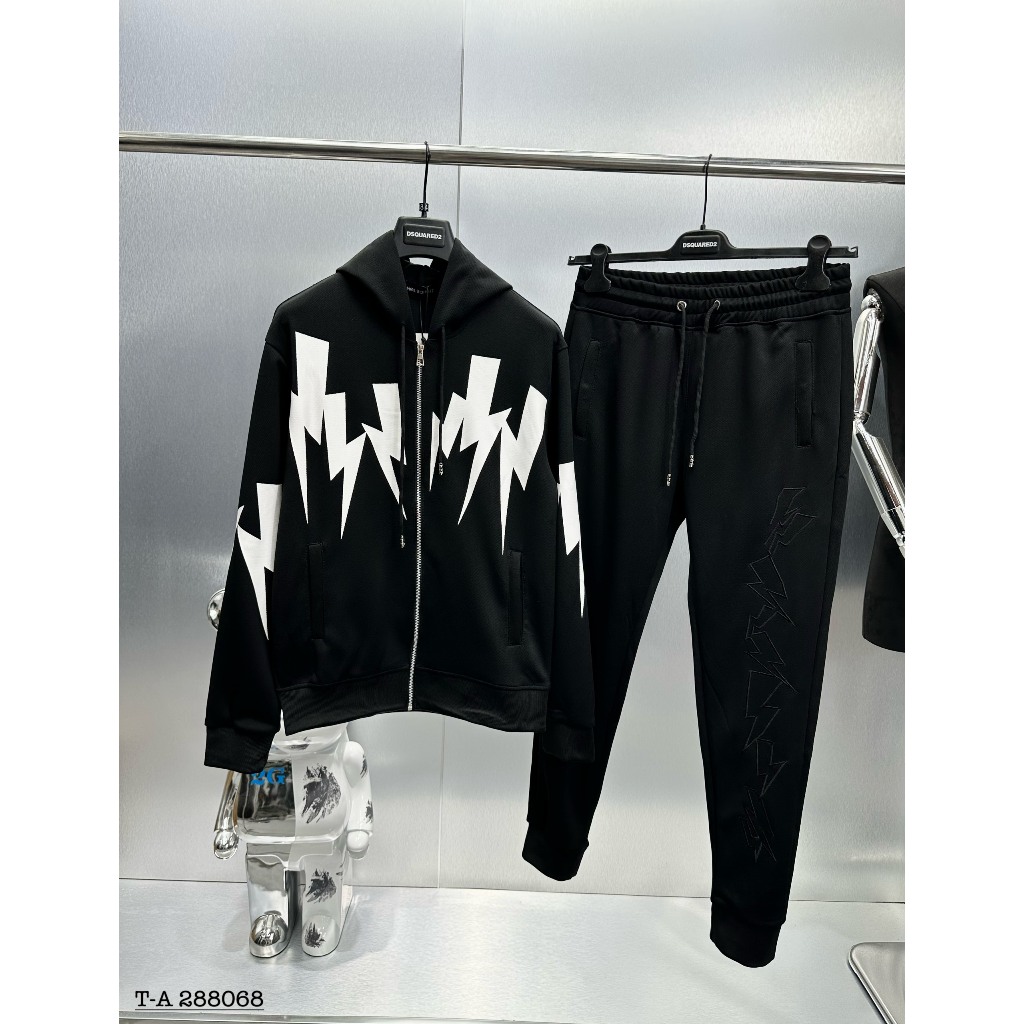 Bộ khoác hoodie zip Neil Barrett hoạ tiết tia sét trắng siêu đẹp-Bộ nỉ nam có mũ hình tia sét cực chất