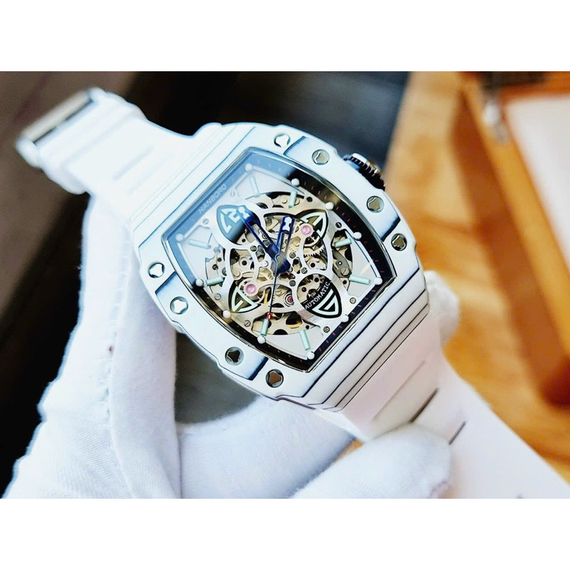 Đồng hồ nam Hanboro automatic dây Silicon màu đen màu trắng vỏ silver 44mm chính hãng