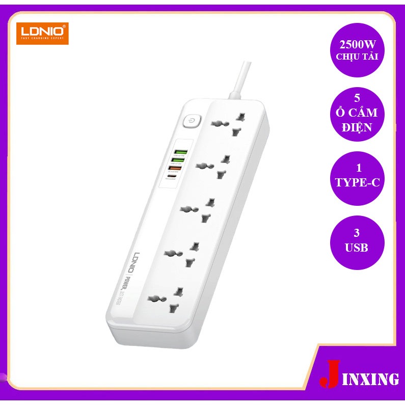Ổ cắm điện LDNIO SC5415 - 5 cổng, 2000mm, Trắng Đen, Chân cắm EU