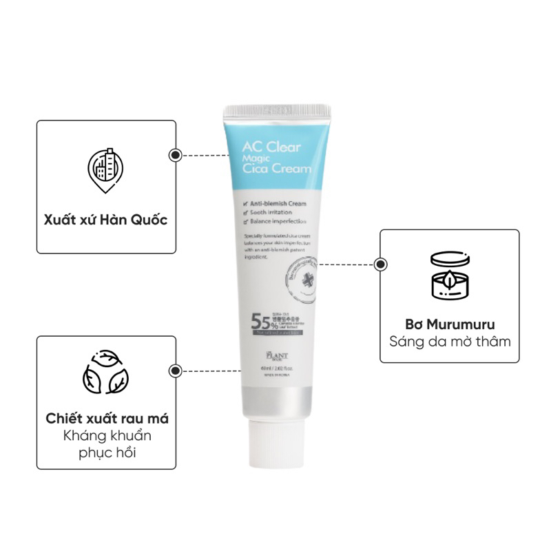 Kem giảm thâm mụn The Plant Base AC Clear Magic Cica Cream 60ml chính hãng
