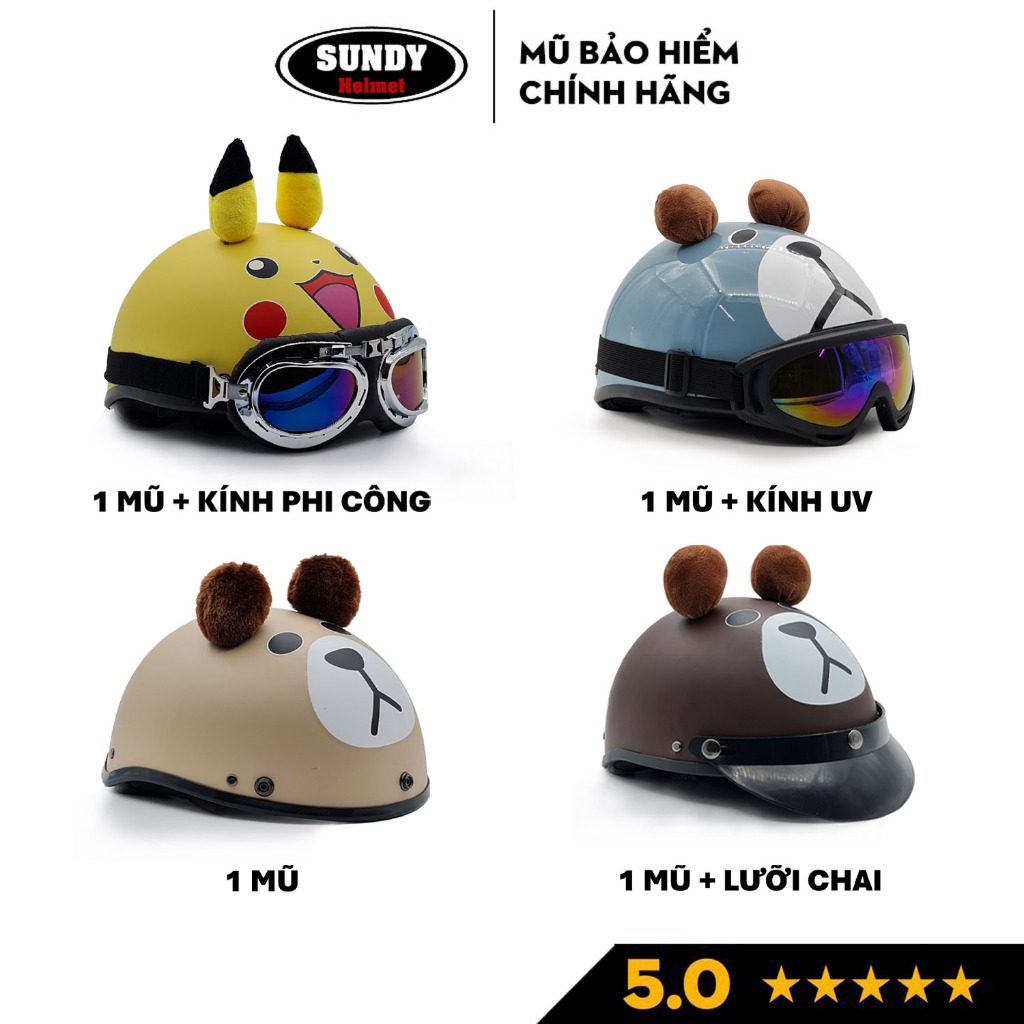 Mũ bảo hiểm nửa đầu 1/2 chính hãng SUNDY Helmets, họa tiết thời trang, có tai cá tính, kèm kính UV, Phi Công