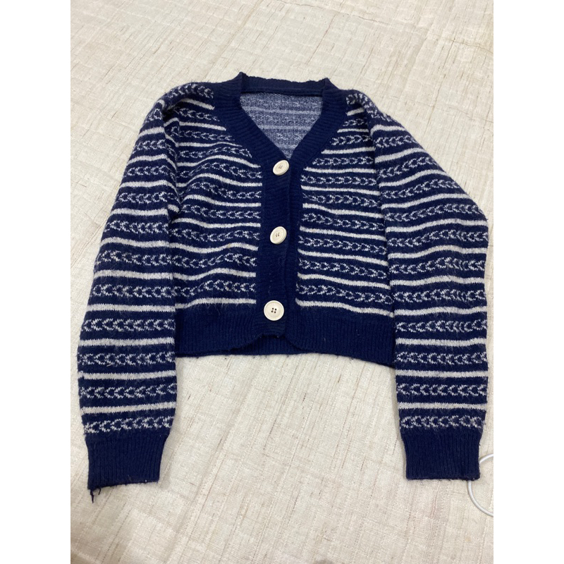 Áo len cardigan dáng ngắn hoạ tiết xanh than