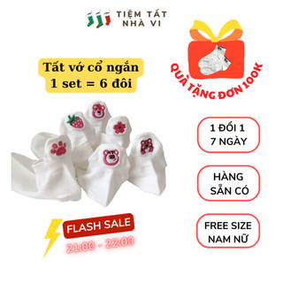 Tất trắng, tất gấu dâu, tất nữ cổ cao đáng yêu cổ ngắn, họa tiết gấu dâu