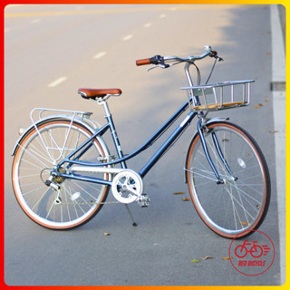 Xe Đạp Nữ Calli A6 Màu Xanh Và Xám Khung Nhôm - Xe Đạp Touring Dáng Mini Bộ Đề Shimano Yên Nâu Kèm Giỏ