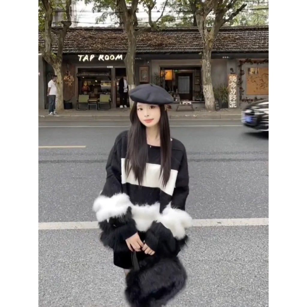 Áo len pha lông thỏ dáng rộng quảng châu PIKA.CLOTHINGG hàn quốc dễ thương, Váy len pha lông dáng trùm mông xinh