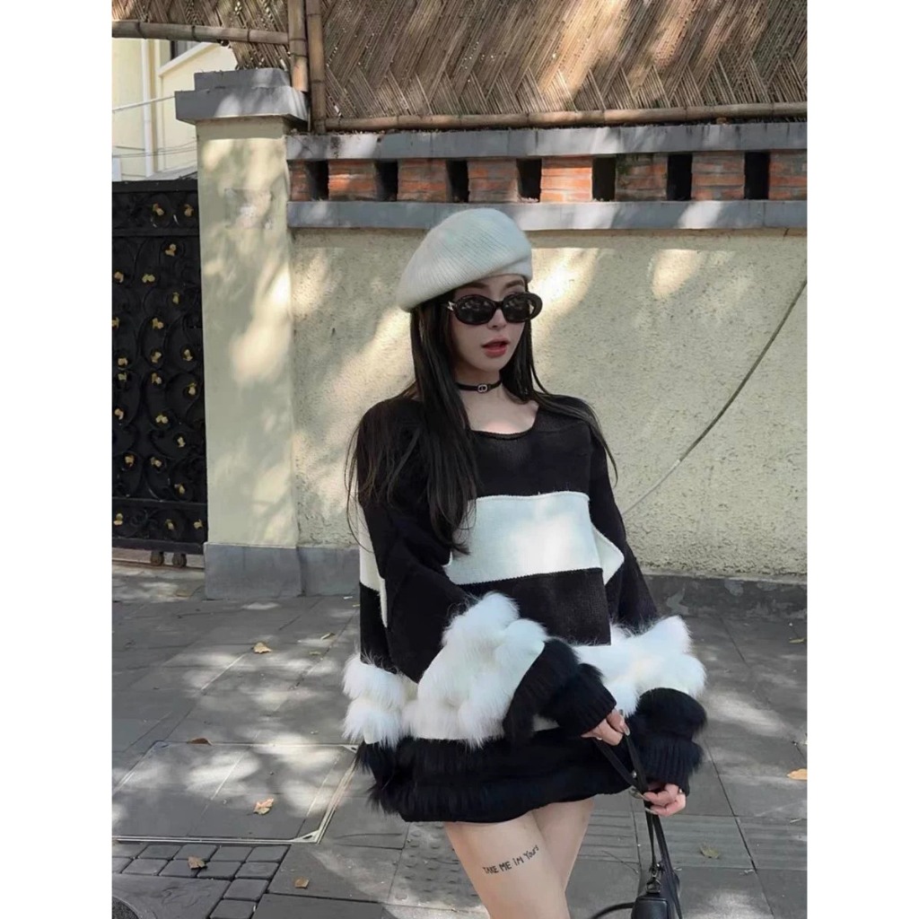 Áo len pha lông thỏ dáng rộng quảng châu PIKA.CLOTHINGG hàn quốc dễ thương, Váy len pha lông dáng trùm mông xinh