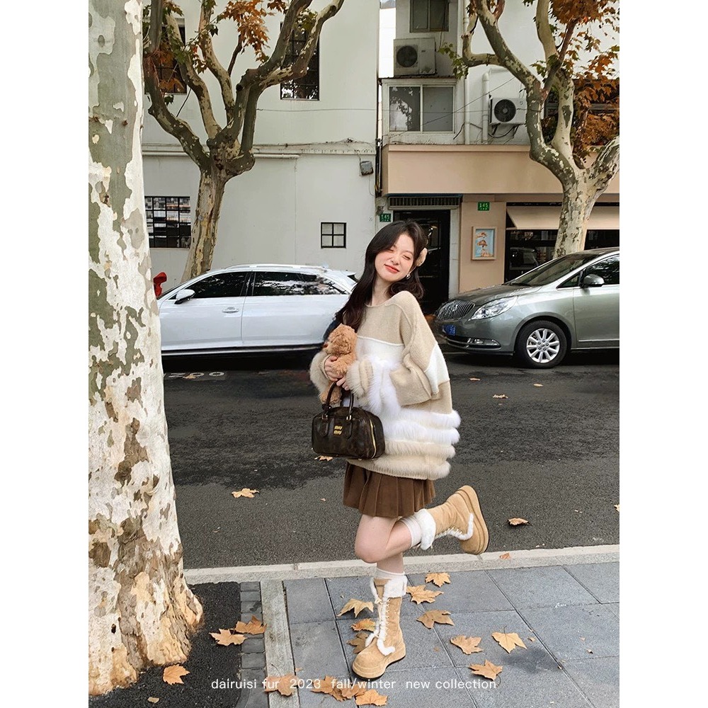 Áo len pha lông thỏ dáng rộng quảng châu PIKA.CLOTHINGG hàn quốc dễ thương, Váy len pha lông dáng trùm mông xinh