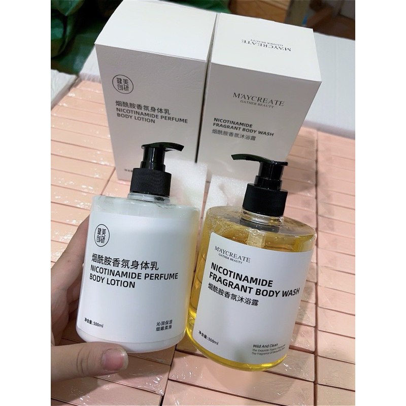 Combo Sữa Dưỡng Thể, Sữa Tắm Dưỡng Trắng Da Niacinamide Hương Nước Hoa 500ml
