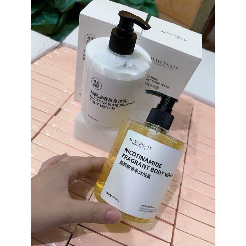 Combo Sữa Dưỡng Thể, Sữa Tắm Dưỡng Trắng Da Niacinamide Hương Nước Hoa 500ml
