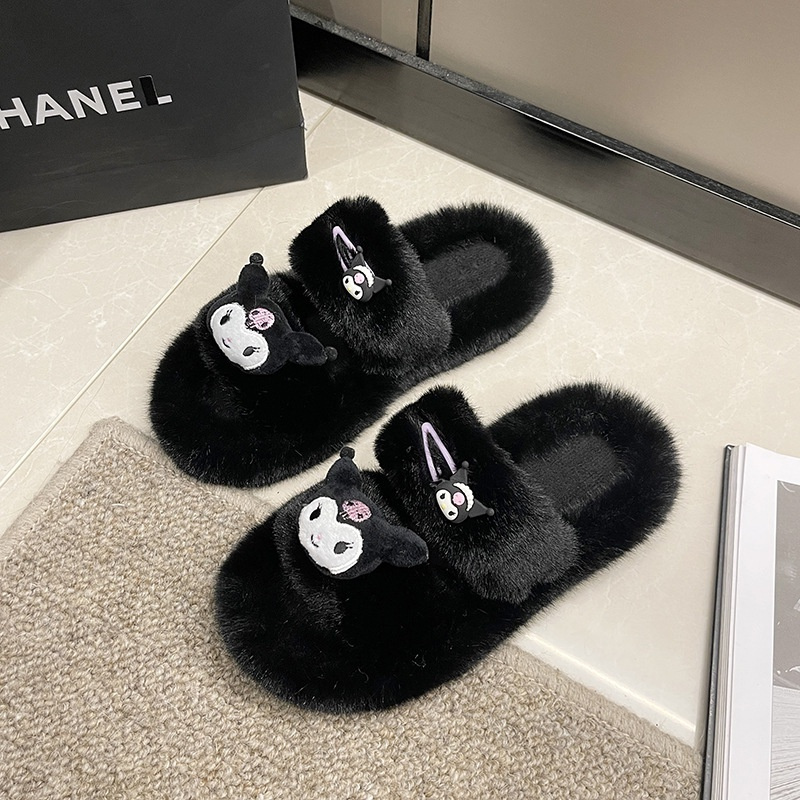 Dép Lông Mặt Thú Quai Ngang Đế Cao 2cm Lông Dày Dặn Mềm Mại Thời Trang Thu Đông Cho Nữ