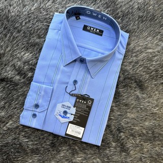 OWEN - Aó sơ mi dài tay Owen Slimfit chất Nano không nhăn màu xanh kẻ sọc 220828