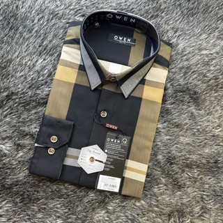 OWEN - Áo sơ dài tay Owen SLimfit chất cafe kẻ ca rô đen nâu 220875