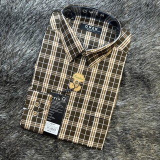 OWEN - Áo Sơ mi dài tay Owen Regularfit chất sợi tre kẻ ca rô nhỏ nâu đen 23581