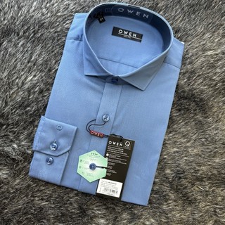 OWEN - Áo sơ mi dài tay Owen Slimfit chất bạc hà màu xanh ghi in chìm 220820