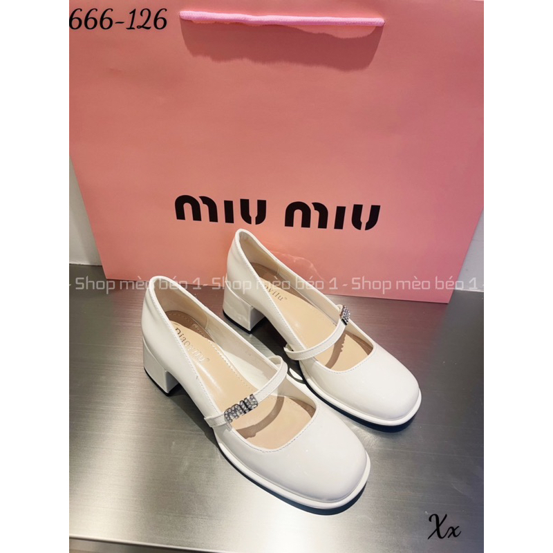 Giày búp bê miu mũi tròn da bóng quai ngang chữ đá gót vuông fullbox