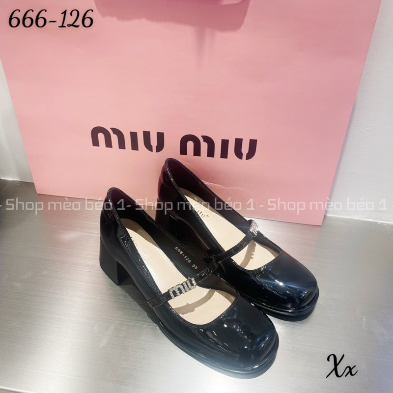 Giày búp bê miu mũi tròn da bóng quai ngang chữ đá gót vuông fullbox