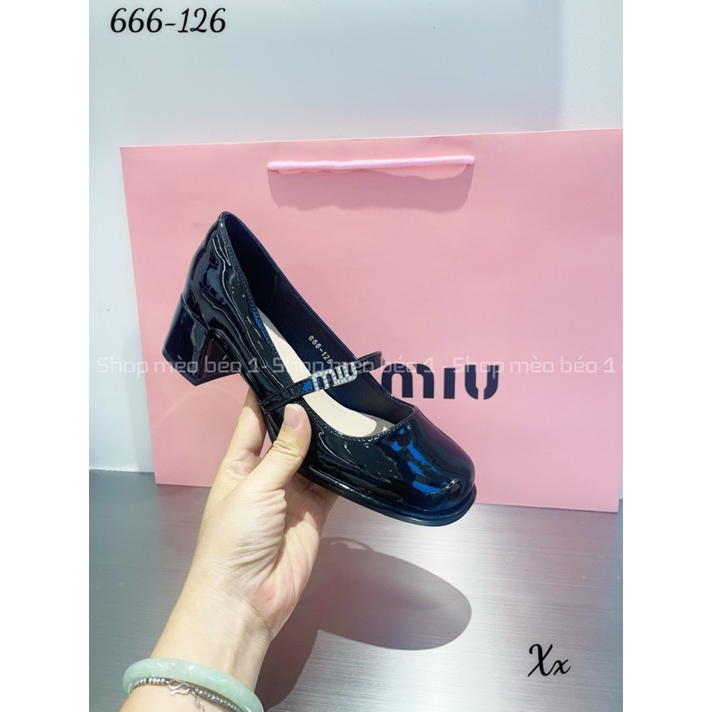Giày búp bê miu mũi tròn da bóng quai ngang chữ đá gót vuông fullbox