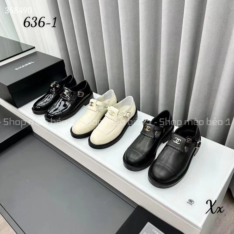 Giày lười cn mũi dài đai logo ngang khoá cài đế thấp fullbox