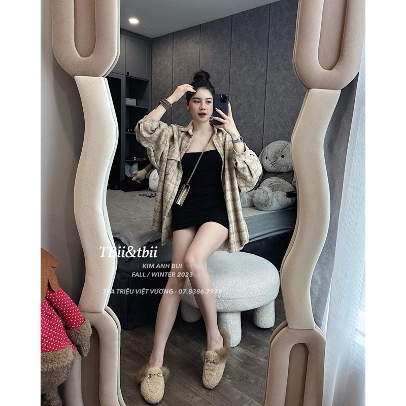 Sơ mi dạ kẻ nâu hot hit chuẩn Kim Anh Bùi