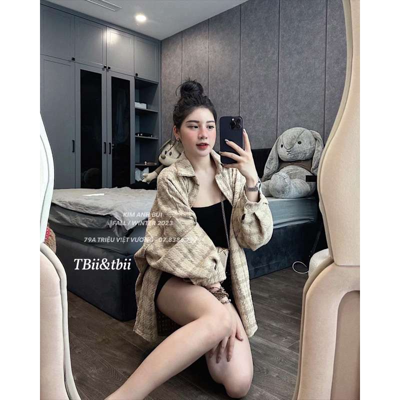 Sơ mi dạ kẻ nâu hot hit chuẩn Kim Anh Bùi