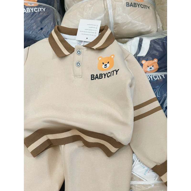 Bộ thu đông bé trai, set bộ nỉ dài tay cổ bẻ thêu gấu BABYCITY cho bé 10-30kg