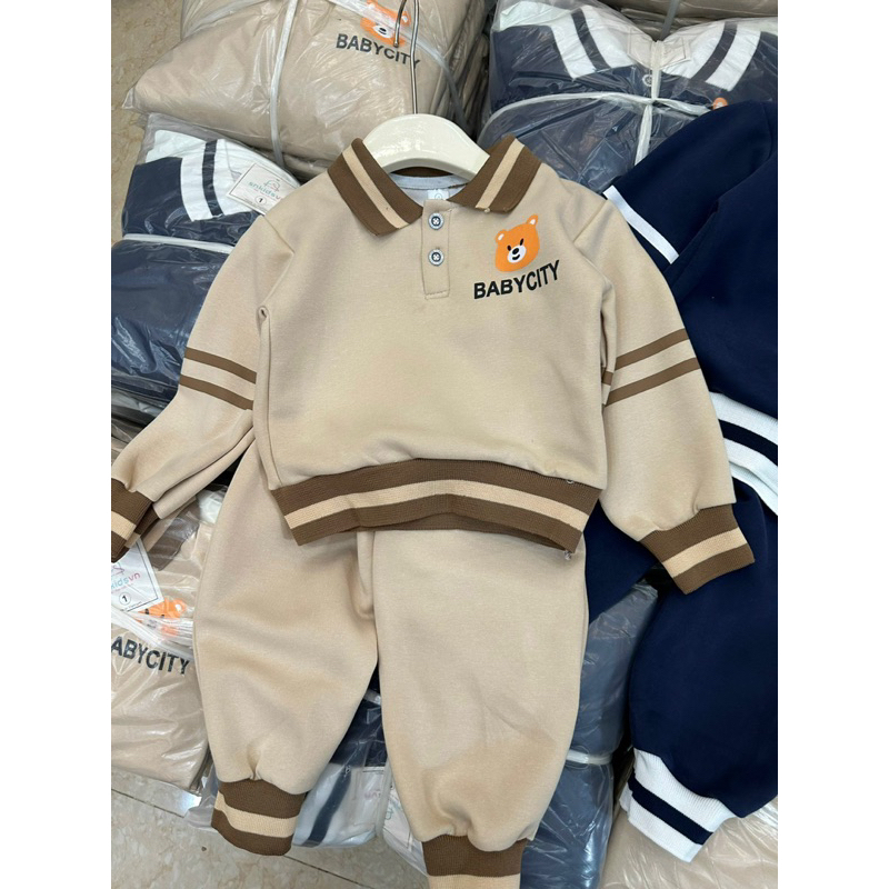 Bộ thu đông bé trai, set bộ nỉ dài tay cổ bẻ thêu gấu BABYCITY cho bé 10-30kg