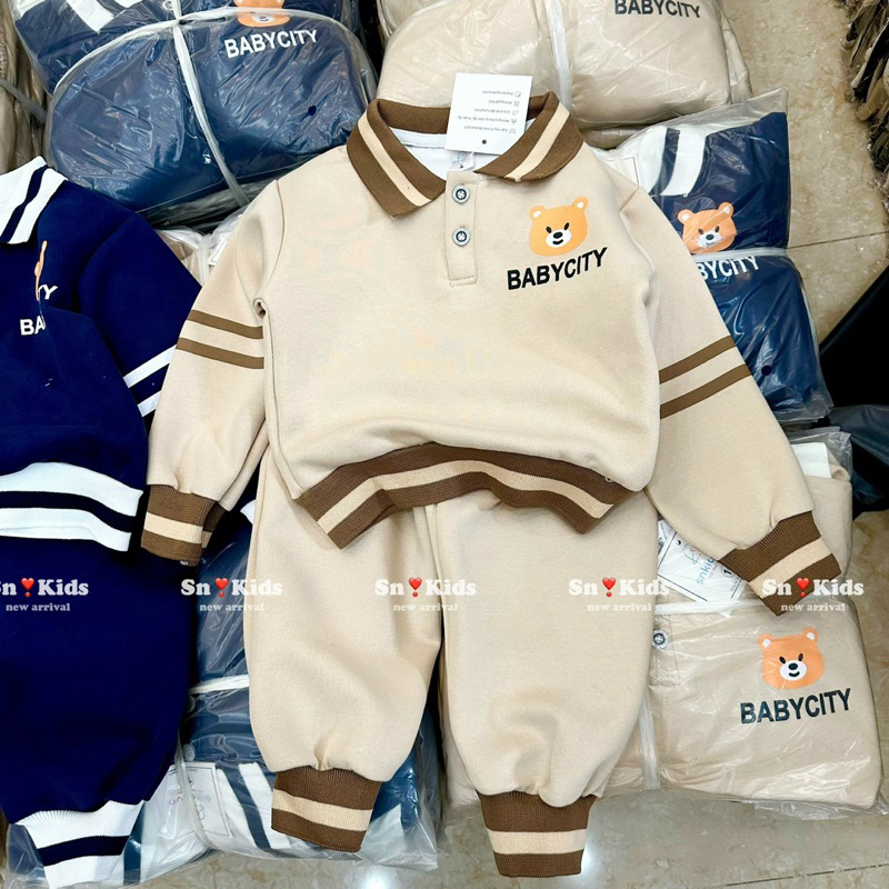 Bộ thu đông bé trai, set bộ nỉ dài tay cổ bẻ thêu gấu BABYCITY cho bé 10-30kg