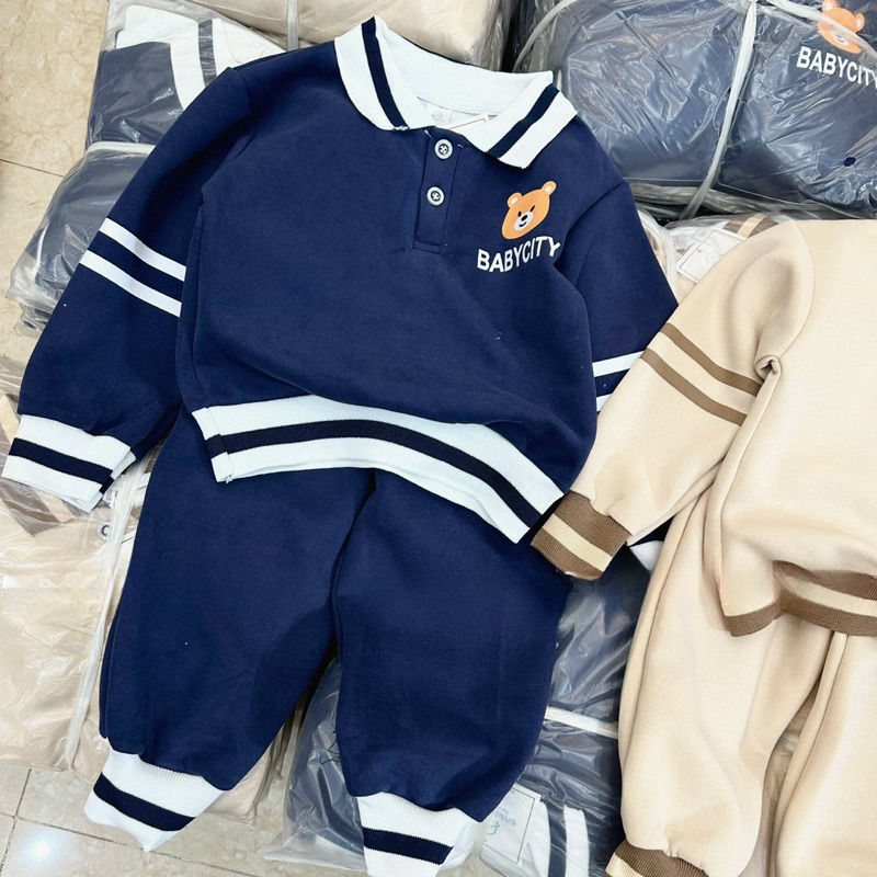 Bộ thu đông bé trai, set bộ nỉ dài tay cổ bẻ thêu gấu BABYCITY cho bé 10-30kg