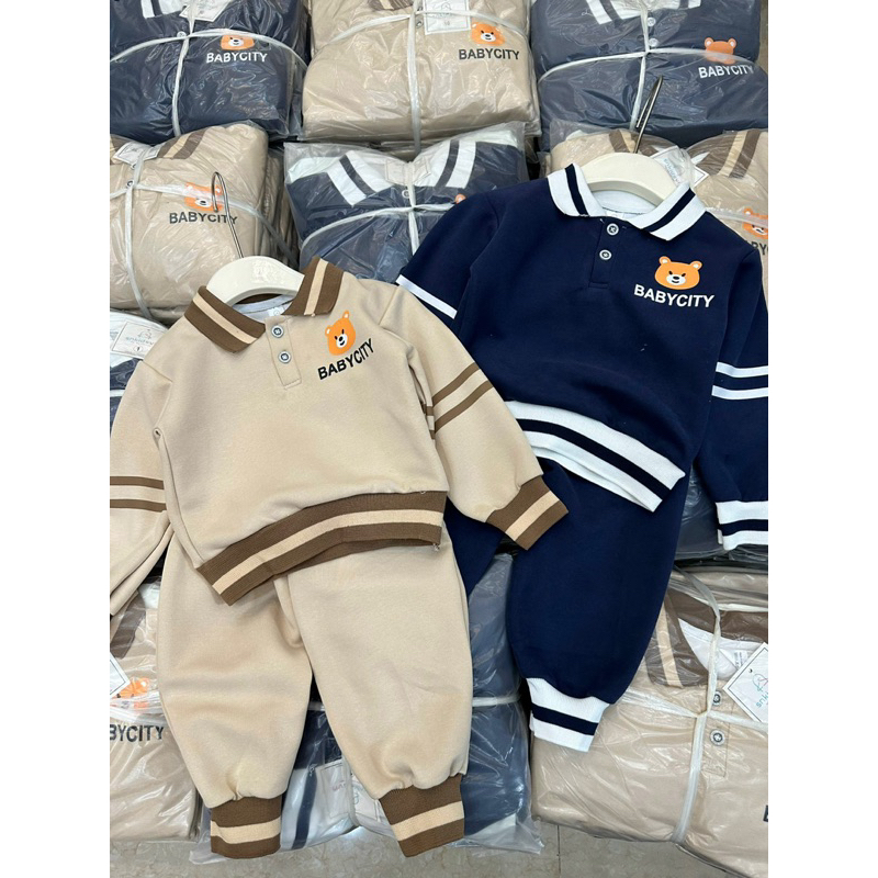 Bộ thu đông bé trai, set bộ nỉ dài tay cổ bẻ thêu gấu BABYCITY cho bé 10-30kg
