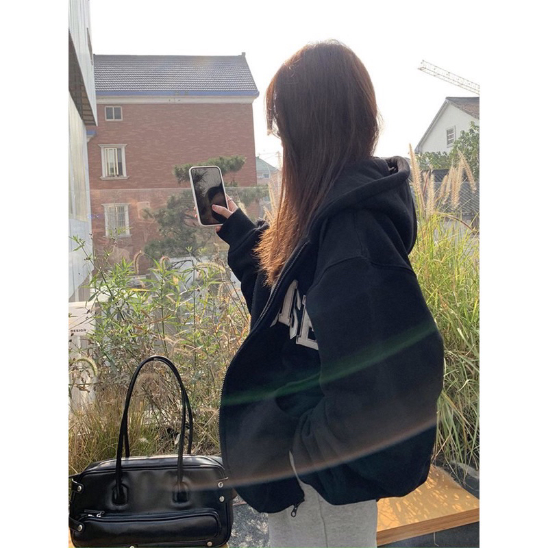 ÁO KHOÁC NỈ MŨ MùA đông 2 Màu Khoá Kéo Cá Tính