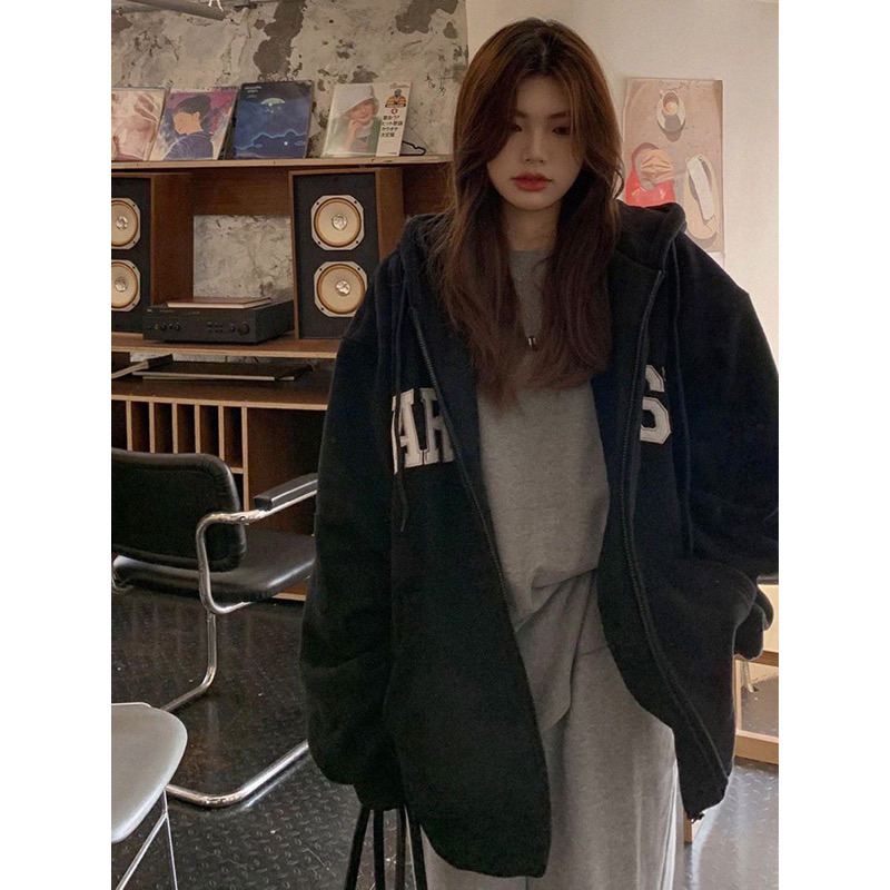 ÁO KHOÁC NỈ MŨ MùA đông 2 Màu Khoá Kéo Cá Tính