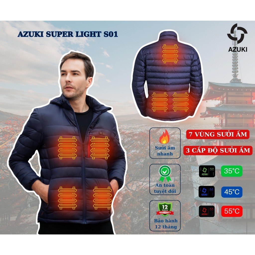 Áo Sưởi Ấm Azuki Super Light S01 Siêu Nhẹ, Pin 24000mah Mẫu Mới Nhất 2023 - HAKARA