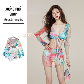 (sẵn- Hỏa tốc) Đồ bơi, Bikini 2 mảnh kèm váy rời và áo khoác ngoài như hình, màu sắc tươi sáng #939