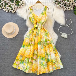 #4369 [Sẵn một số size] Đầm Quảng Châu dáng cổ V kèm thắt lưng họa tiết siêu xinh 2 màu
