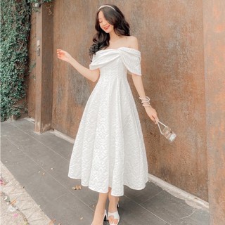  Đầm gấm trắng lệch vai xòe đi tiệc sang trọng - Maxingoclan