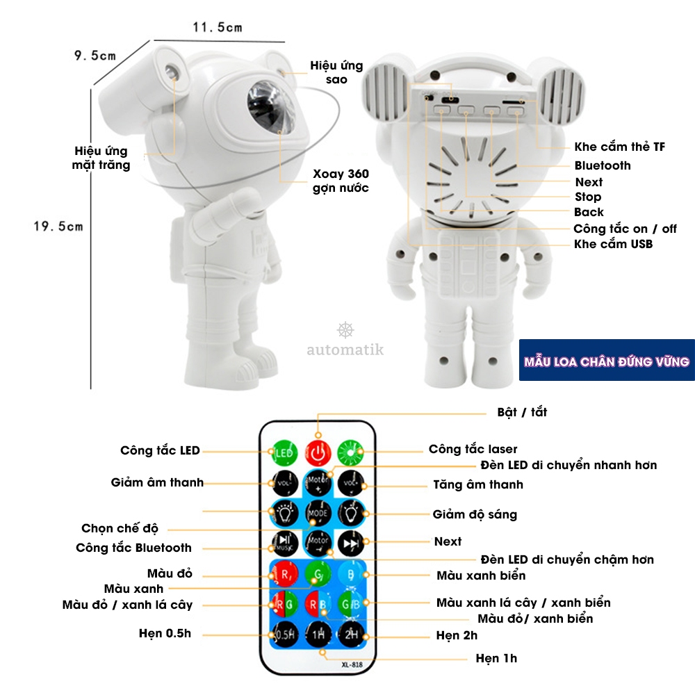 Đèn Phi Hành Gia Chiếu Mây Trăng Sao Loa Bluetooth Nháy Theo Nhạc Decor Phòng Ngủ Phòng Thiên Hà Có Laser Automatik