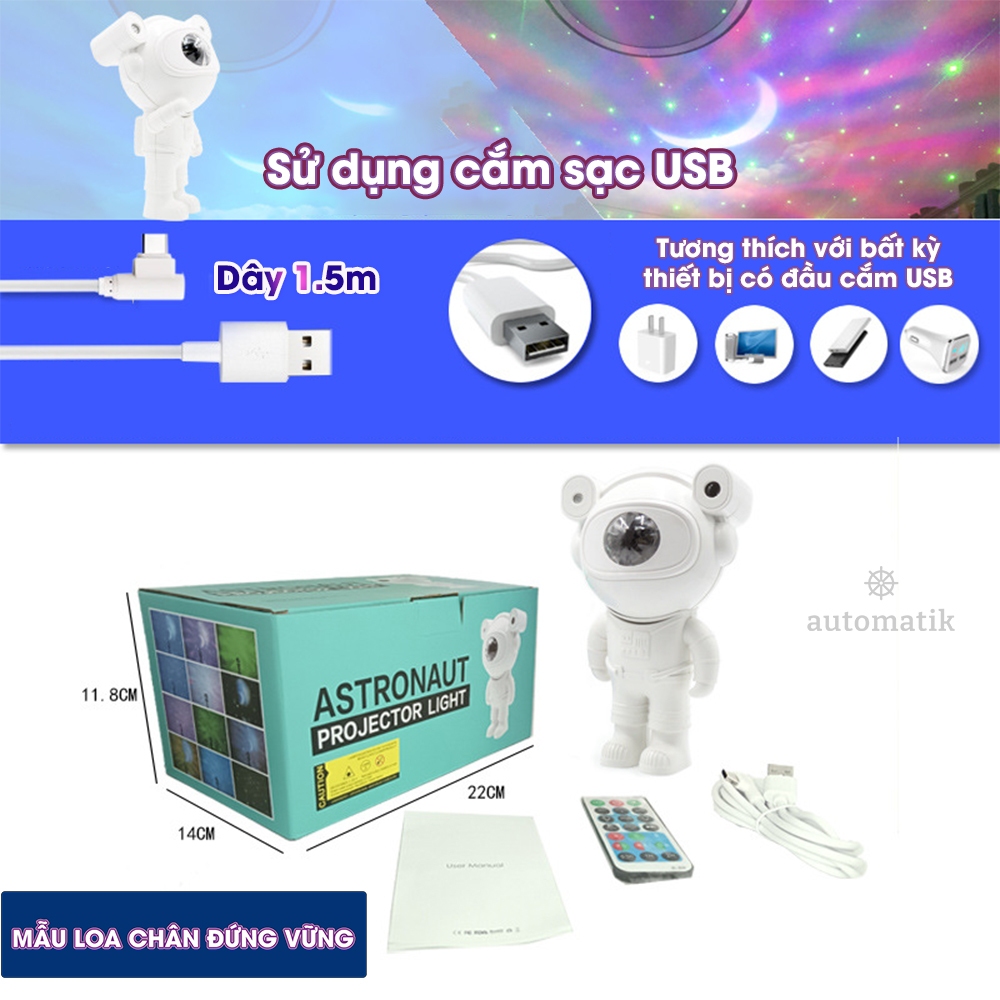 Đèn Phi Hành Gia Chiếu Mây Trăng Sao Loa Bluetooth Nháy Theo Nhạc Decor Phòng Ngủ Phòng Thiên Hà Có Laser Automatik