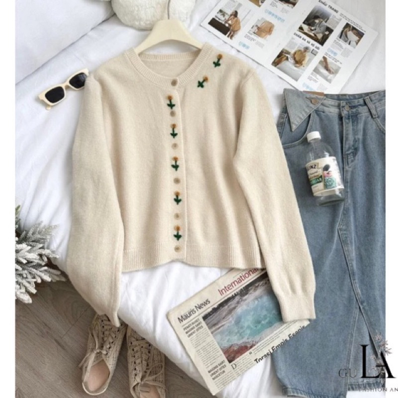 Áo cardigan len thêu hoa baby chất len mềm mịn dày phong cách Retro tinh tế hàng QCCC Vip 1 Gula