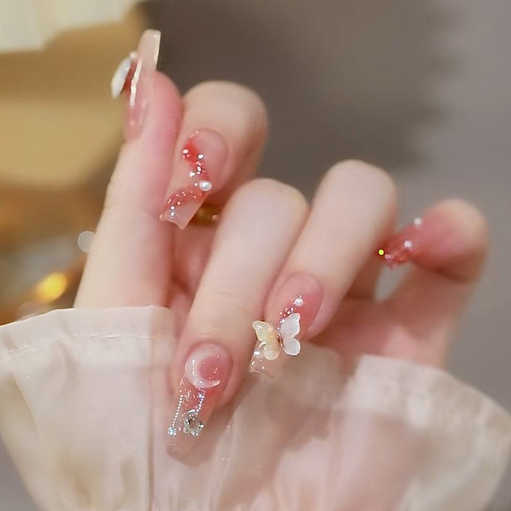 Bộ 24 móng tay giả nail box cao cấp đính đá, đính charm xinh xắn.
