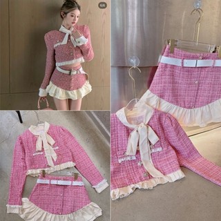 Set kẻ nơ cổ chân váy phối bèo