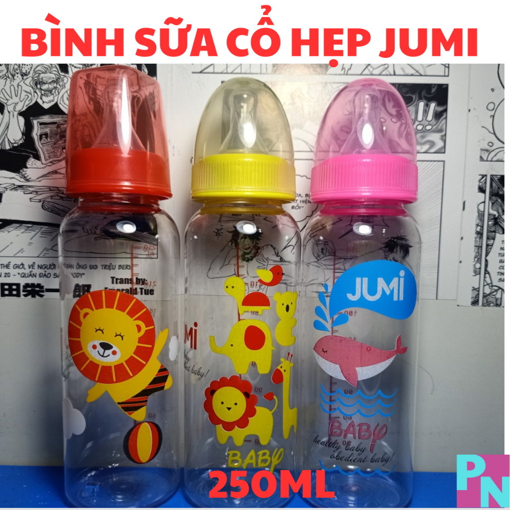 Bình sữa cổ hẹp Jumi 140ml 250ml núm vú siêu mềm bình sữa cho bé có tay cầm và không có tay cầm