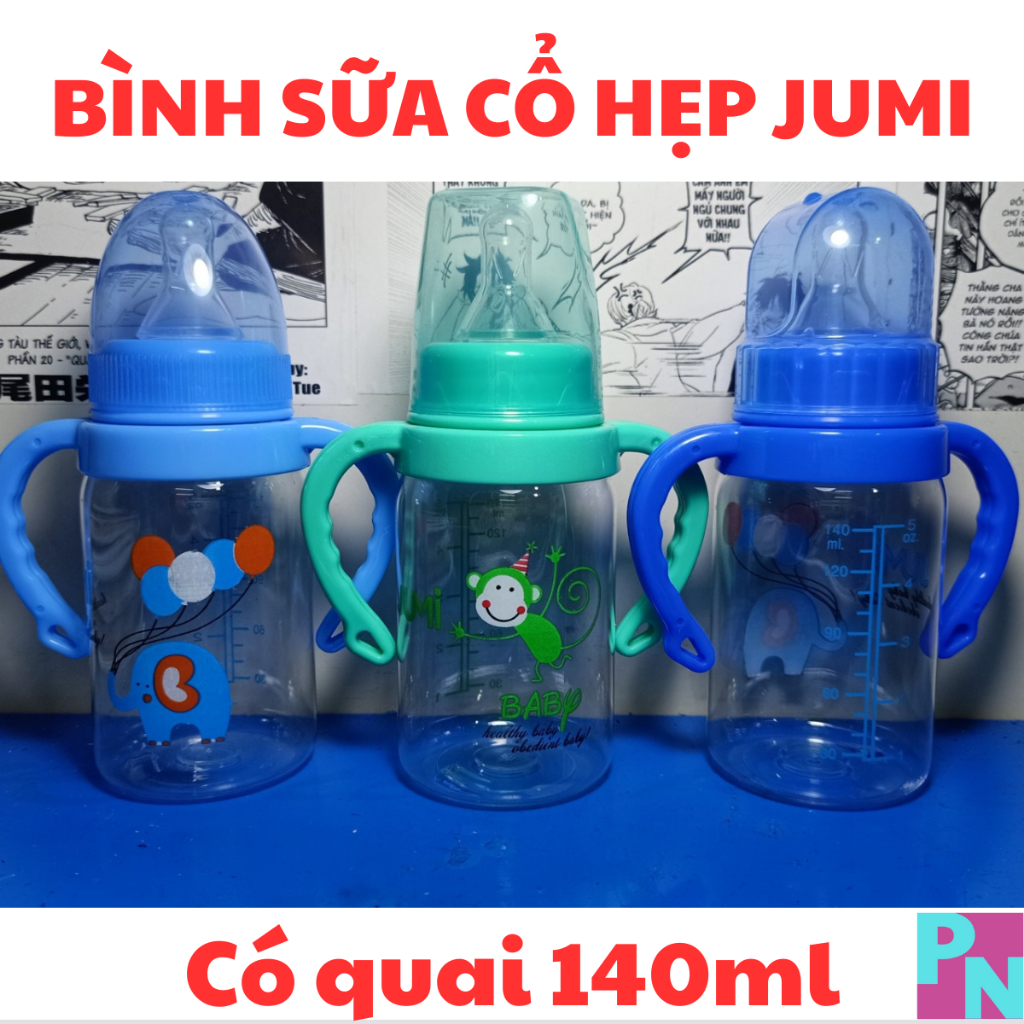 Bình sữa cổ hẹp Jumi 140ml 250ml núm vú siêu mềm bình sữa cho bé có tay cầm và không có tay cầm