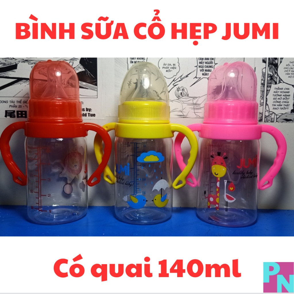 Bình sữa cổ hẹp Jumi 140ml 250ml núm vú siêu mềm bình sữa cho bé có tay cầm và không có tay cầm