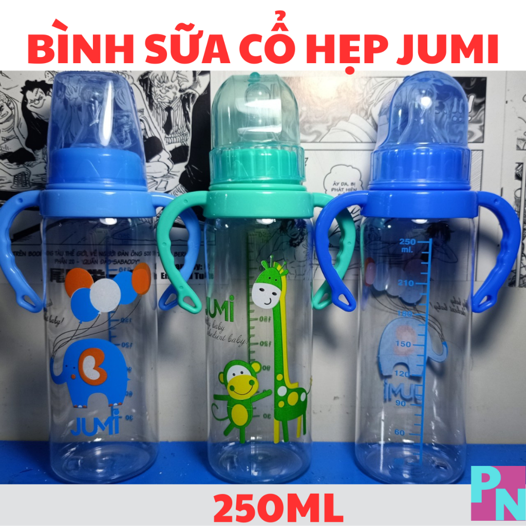 Bình sữa cổ hẹp Jumi 140ml 250ml núm vú siêu mềm bình sữa cho bé có tay cầm và không có tay cầm