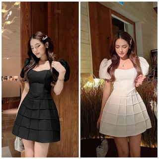 Đầm dự tiệc cổ vuông tay phồng ô đan cao cấp Xia Dress