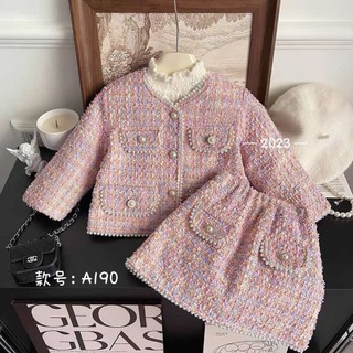 Set dạ tweed bé gái đính ngọc trai 2 món áo khoác + chân váy - set váy bé gái từ 3-8 tuổi