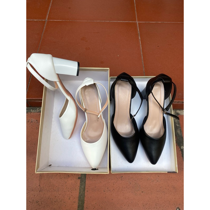 Giày cao gót 7p hở eo có dây cài da nì mềm mại đế cao su chống trơn trượt junoo